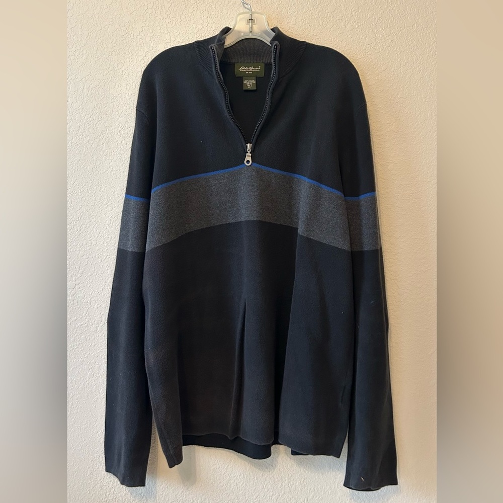 Eddie Bauer Pullover Zip Up Sweater in Black, Gray, and blue, size men’s tall XL